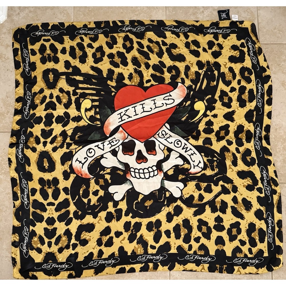 Ed Hardy Leopard Skull Scarf Love Kills Slowly‎ Gold Black Bandana Wrap 42"
